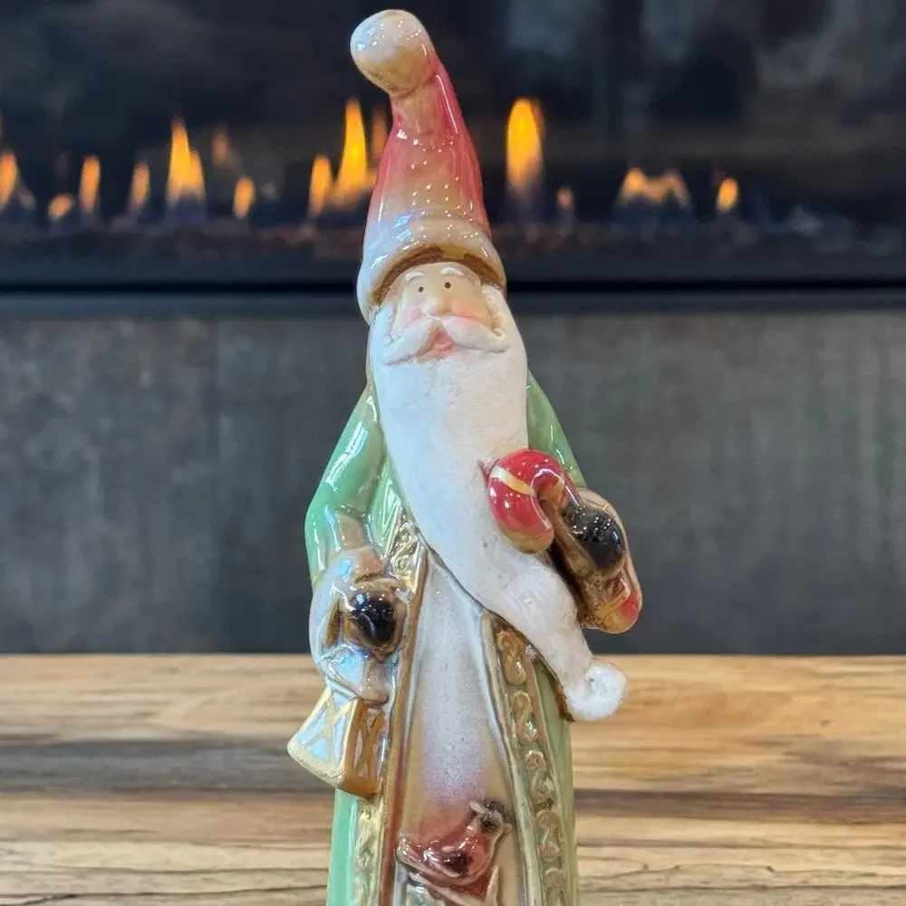 Old World Style Glazed Ceramic Santa Claus Figurine Cardinal Bird Green Robe 8